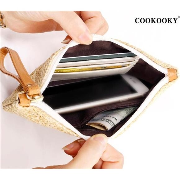 COOKOOKY Womens Straw Clutch Bag Bohemian Summer Beach Straw Purse Zipper - Picture 4 of 8